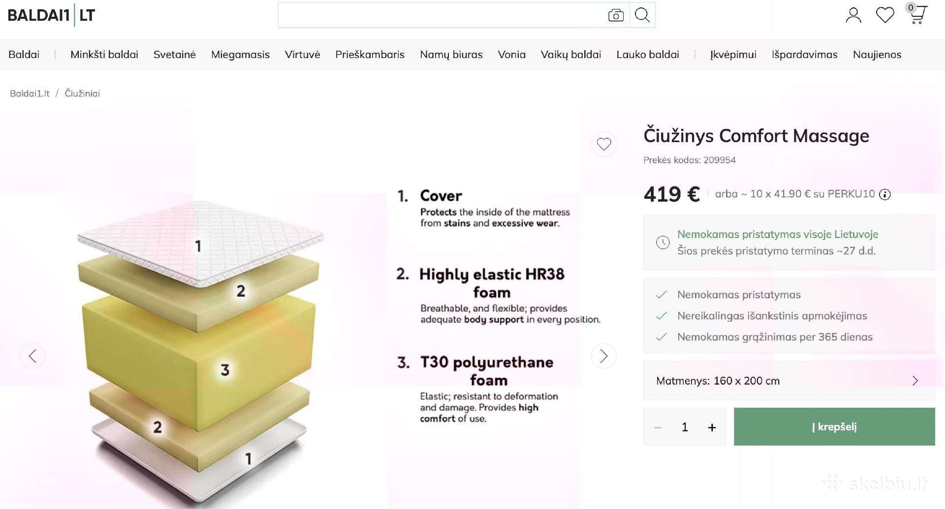 Čiužinys 160x200 Comfort masage