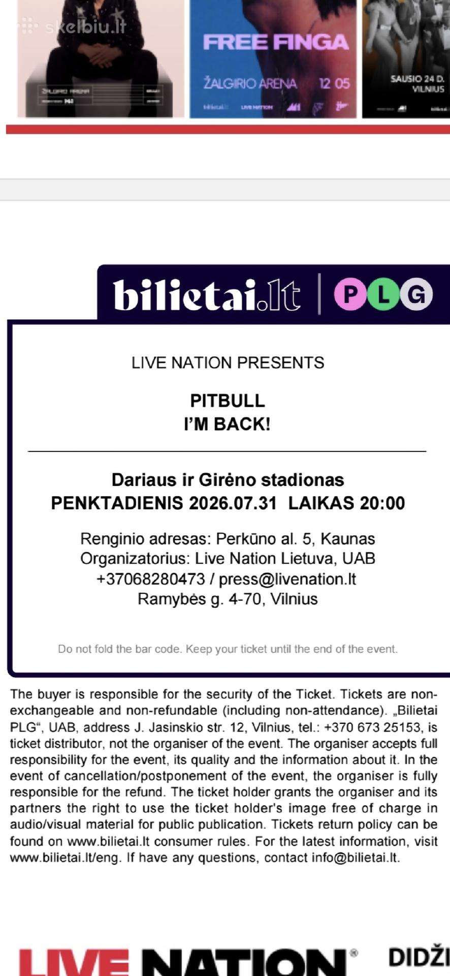 2 biletai i pitbull koncerta A sektorius stovimi