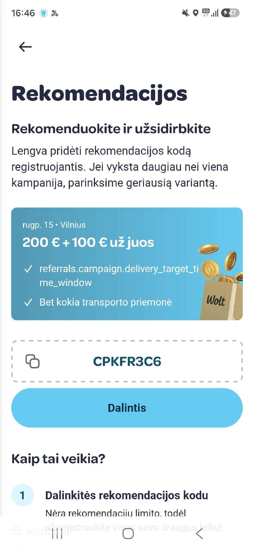 Wolt registracijos premijos(200€) kodas cpkfr3c6