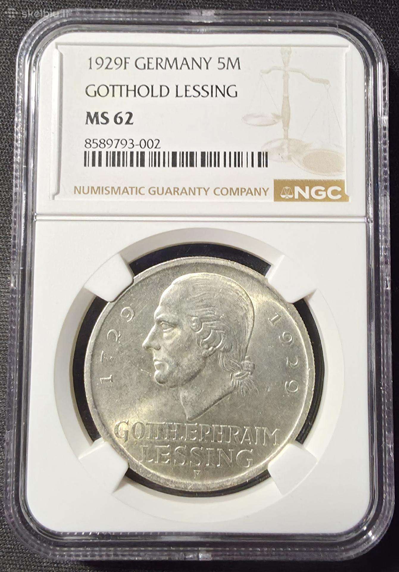 5 Reichsmarkės 1929 F (Gotthold Lessing) Ngc Ms62