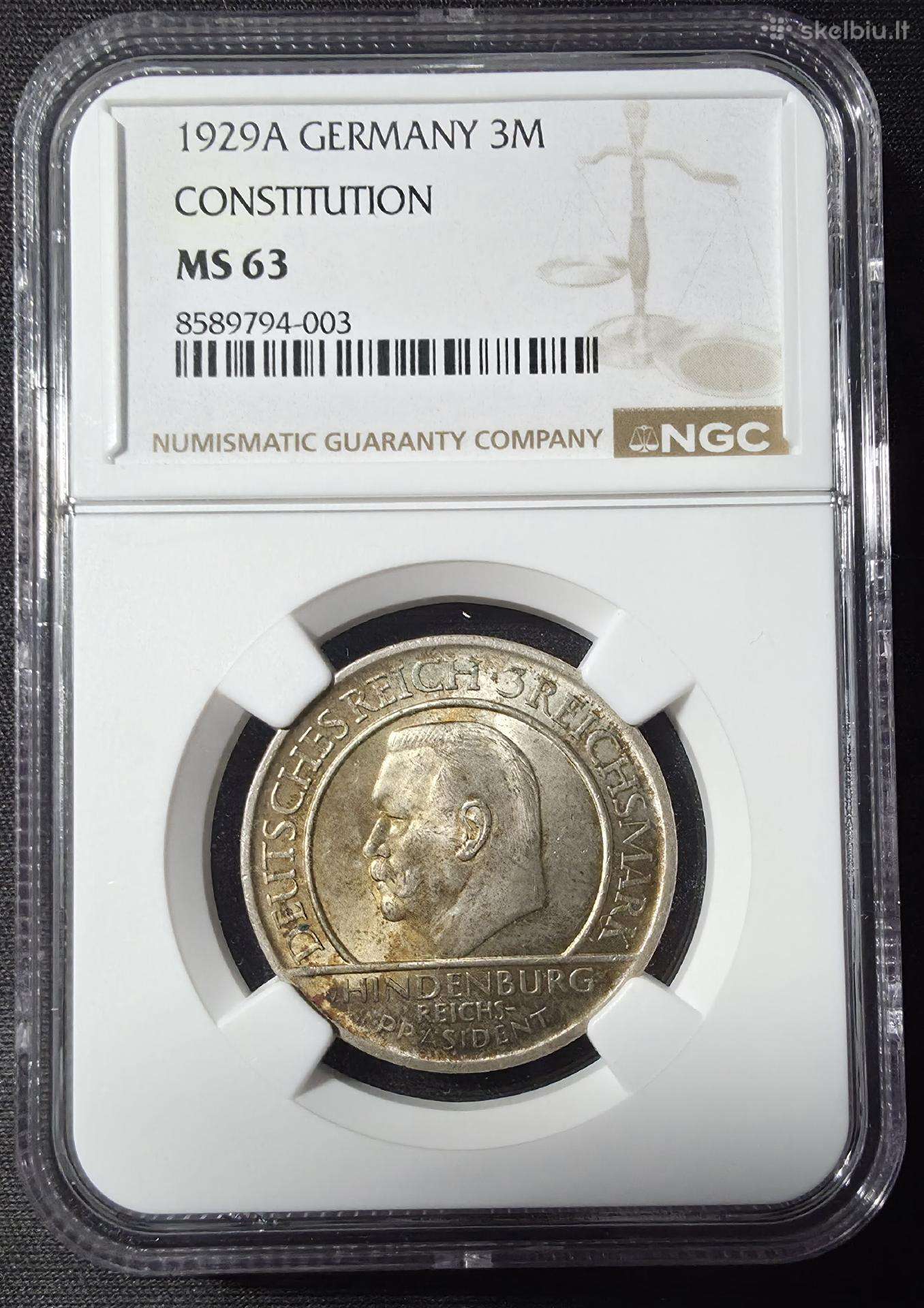 3 Reichsmarkės 1929 A Konstitucija - Ngc Ms 63