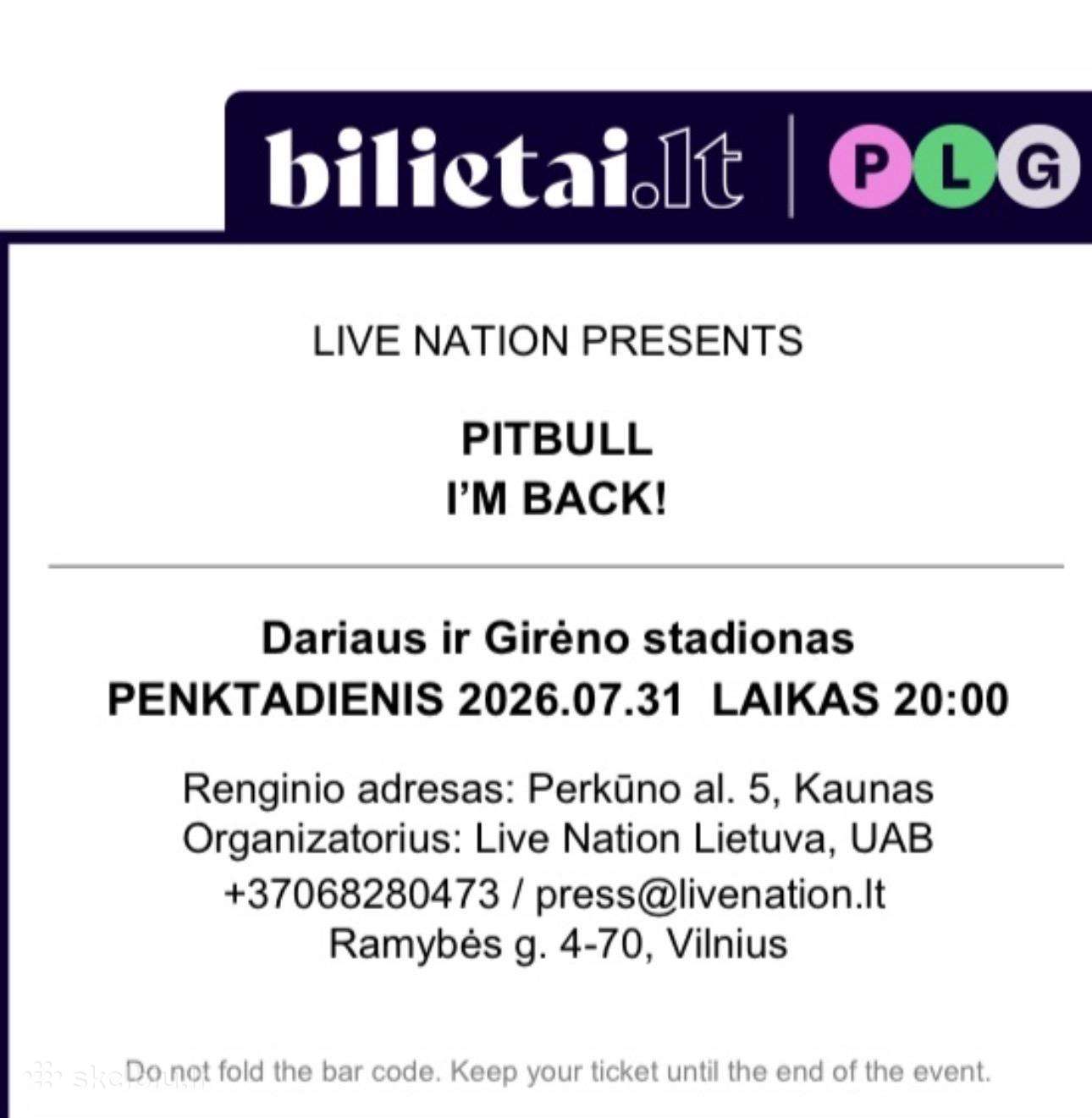 Parduodu 1 bilietą į Pitbull koncertą. Fanų zona.
