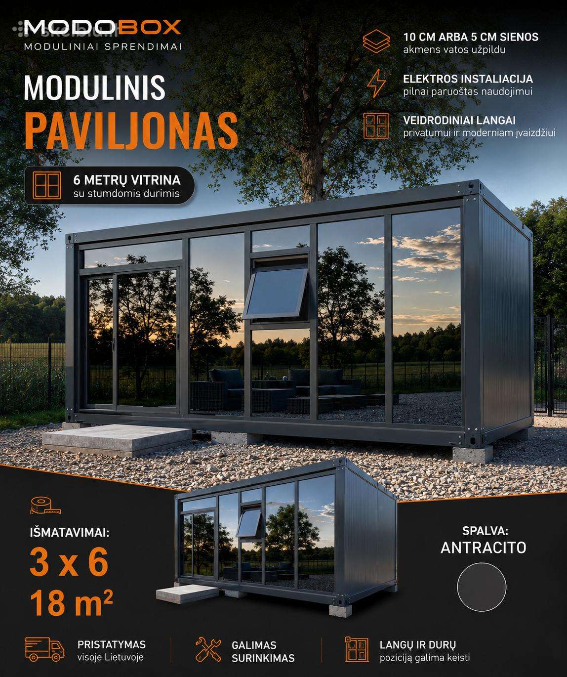 Modulinis,vitrininis biuras, ofisas, pavėsinė