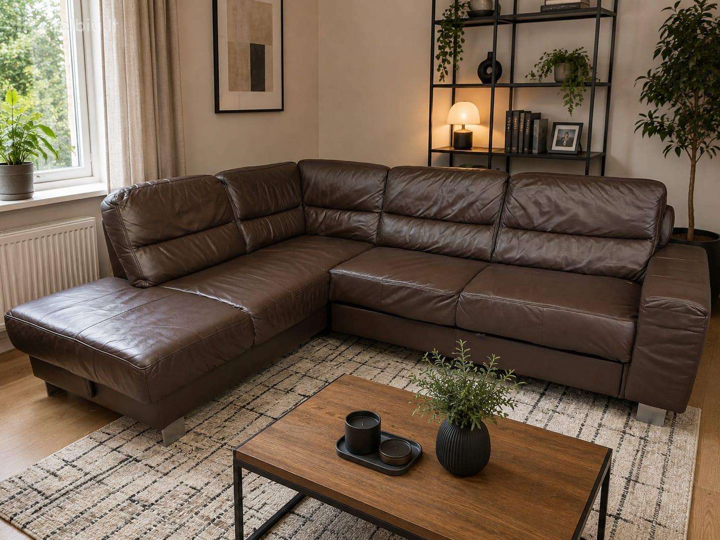 Naturalios odos tamsiai rudas kampas sofa-lova