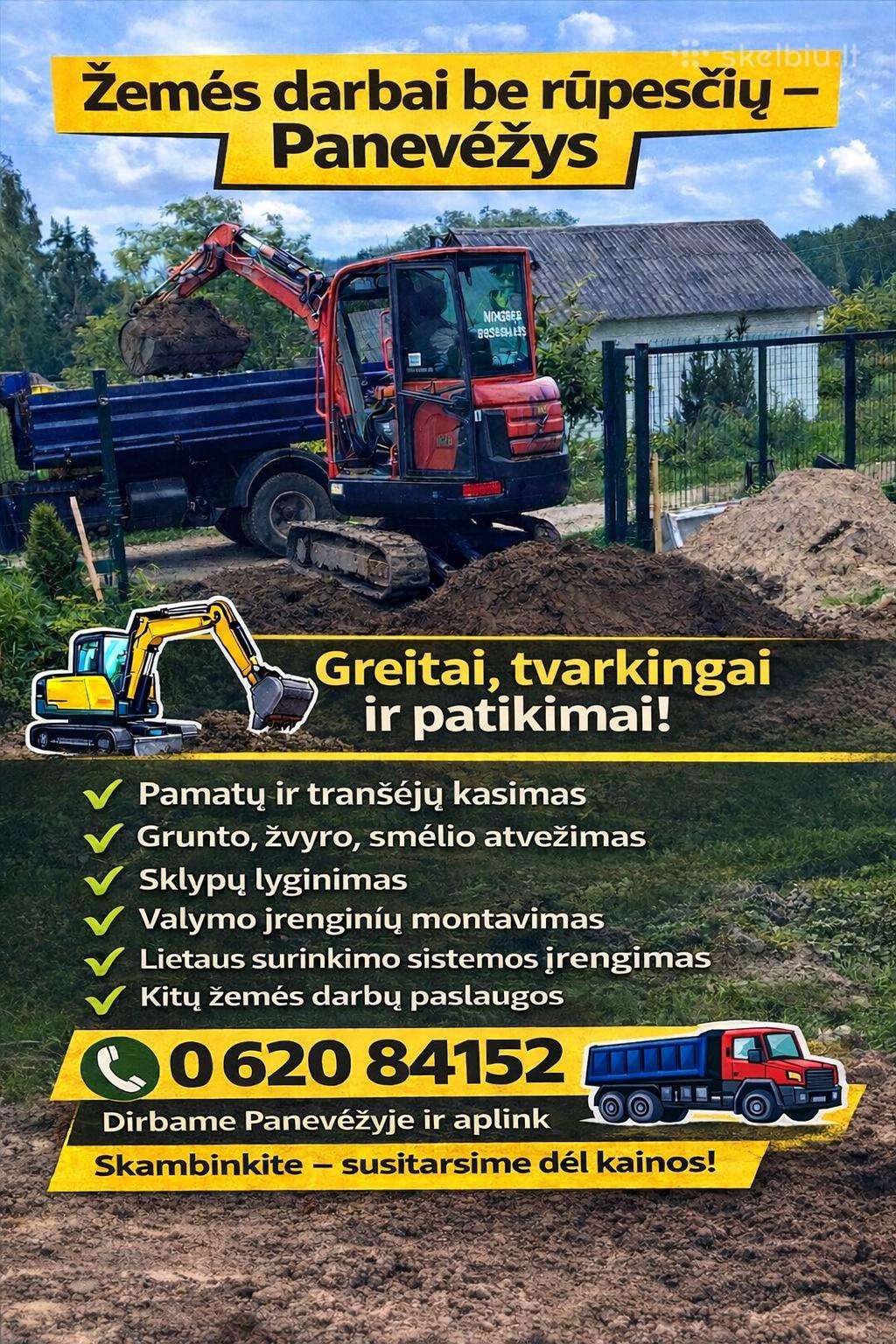Mini ekskovatoriaus ir savivarčio paslaugos.