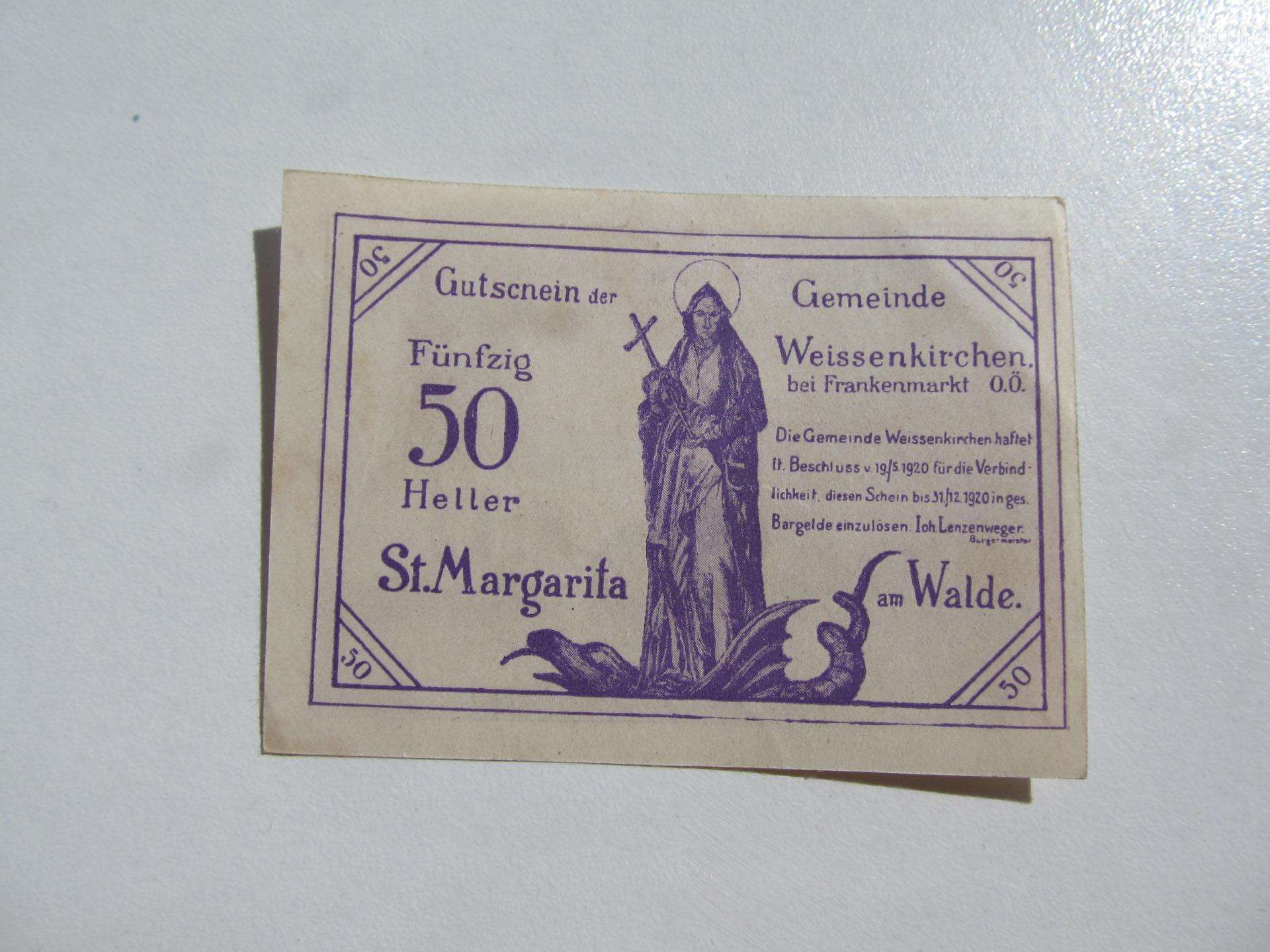 Notgeldas 50 heleriu,veisenkirchen Austrija , 1920