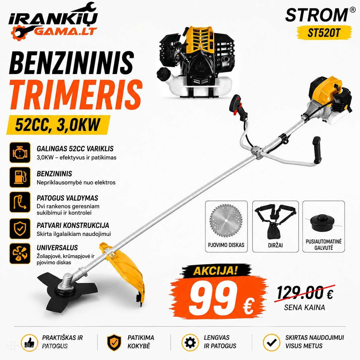 Benzininis trimeris 52cc, 3,0kw Strom® (St520t)