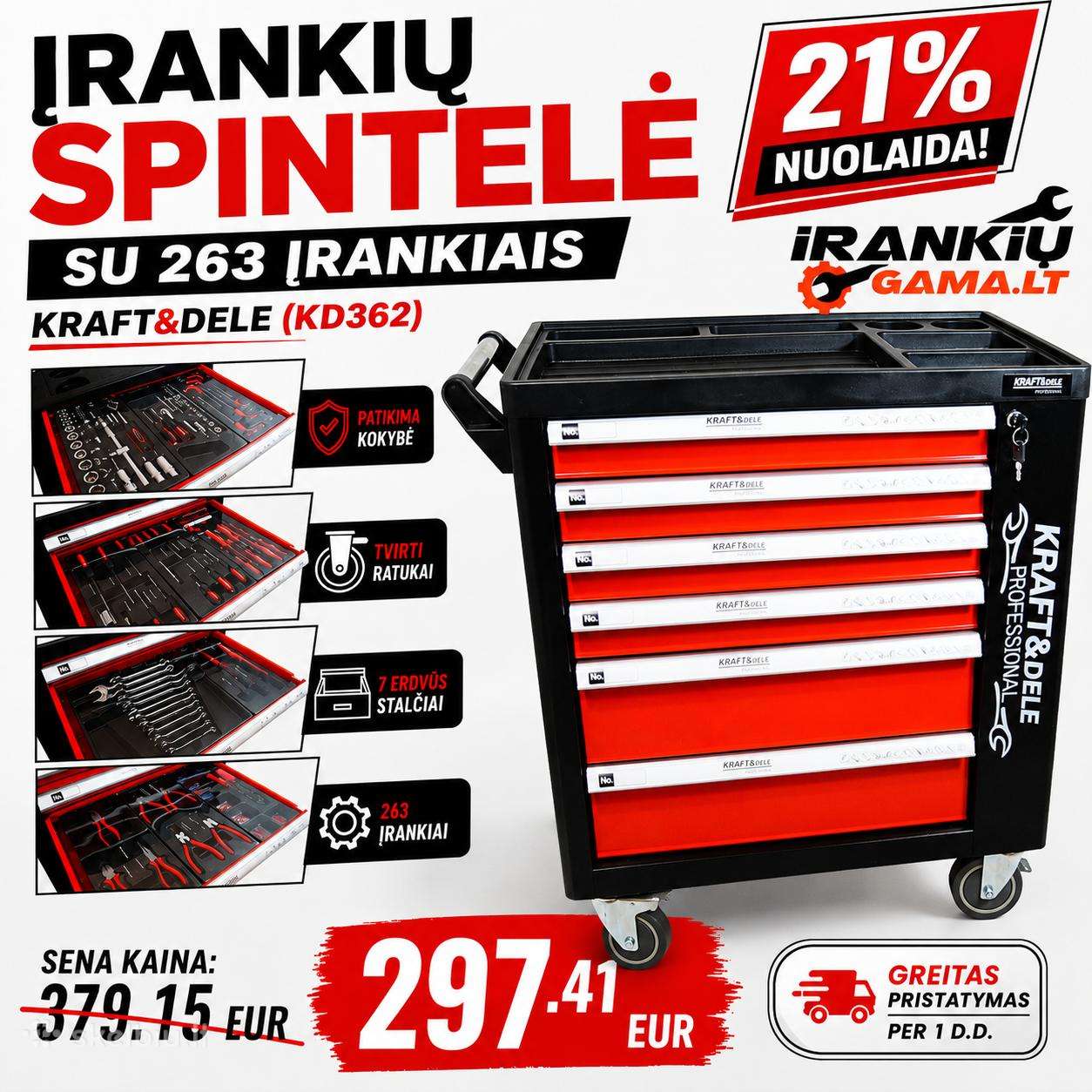 Įrankių spintelė su įrankiais, su ratukais, 263 el