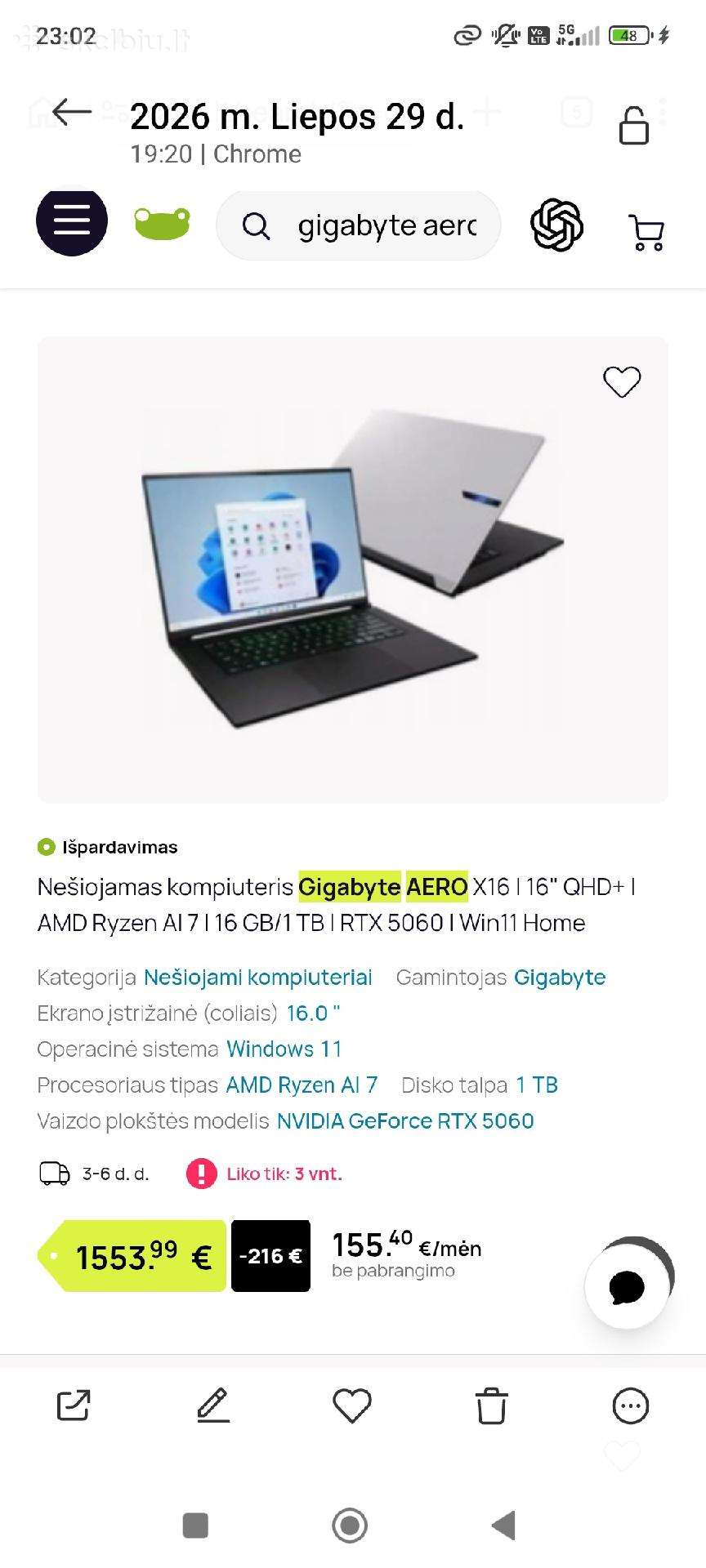 Skubiai Gigabyte Aero X16 (Rtx 5060) su garantija