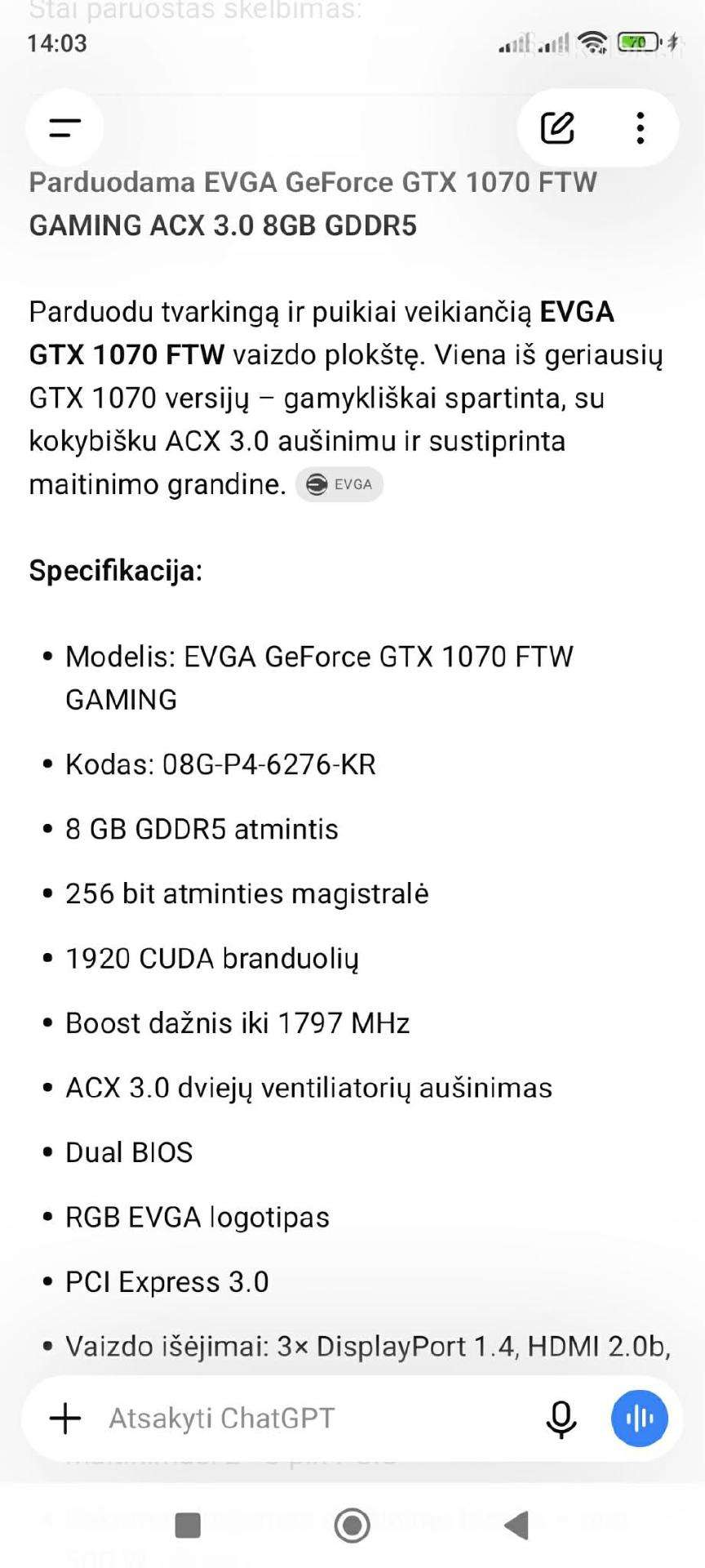 Evga Geforce 1070 8gb