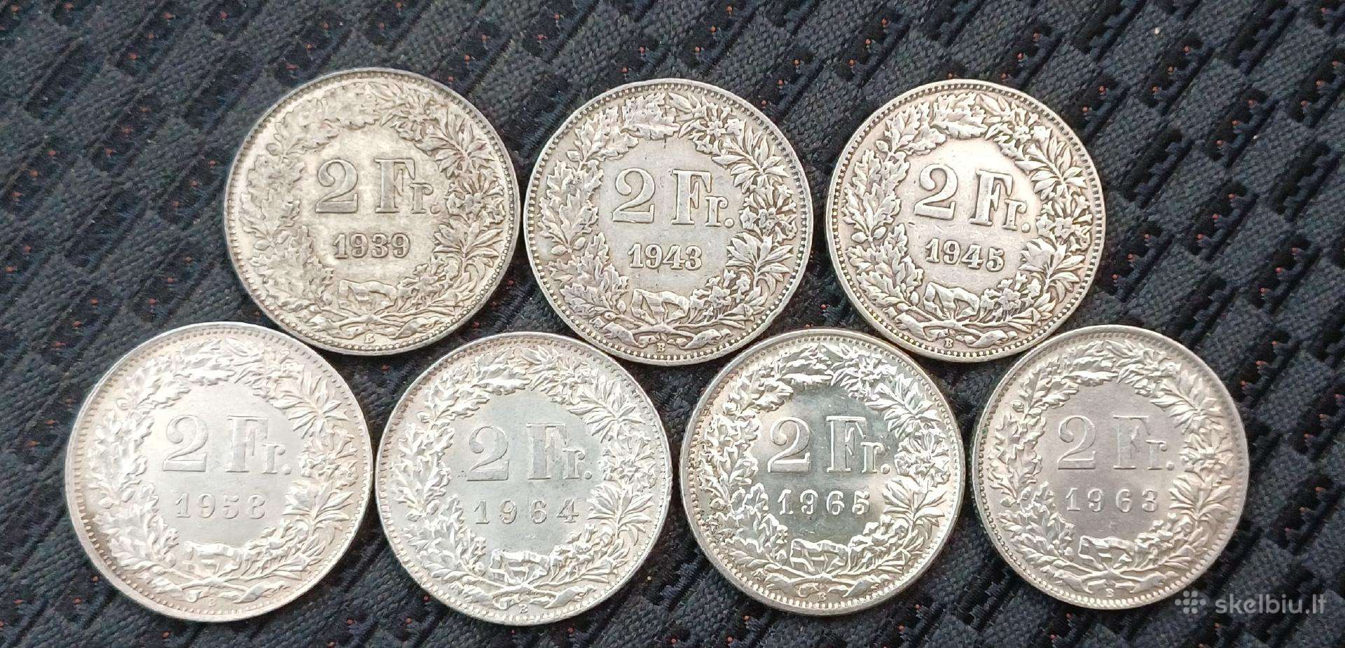2 frankai sidabras Šveicarija nuo 1939