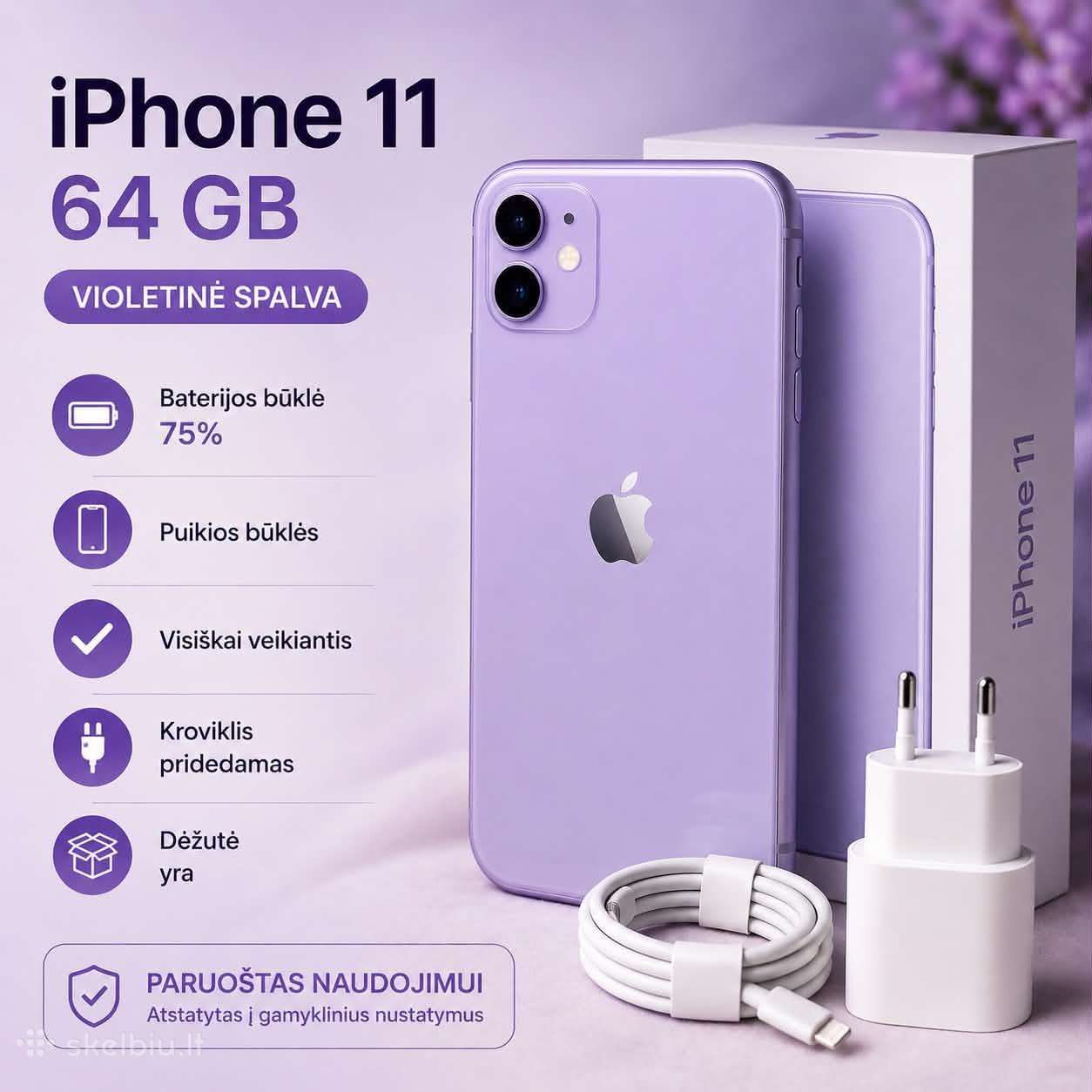iPhone 11 64 GB Violetinis 75 % Baterija