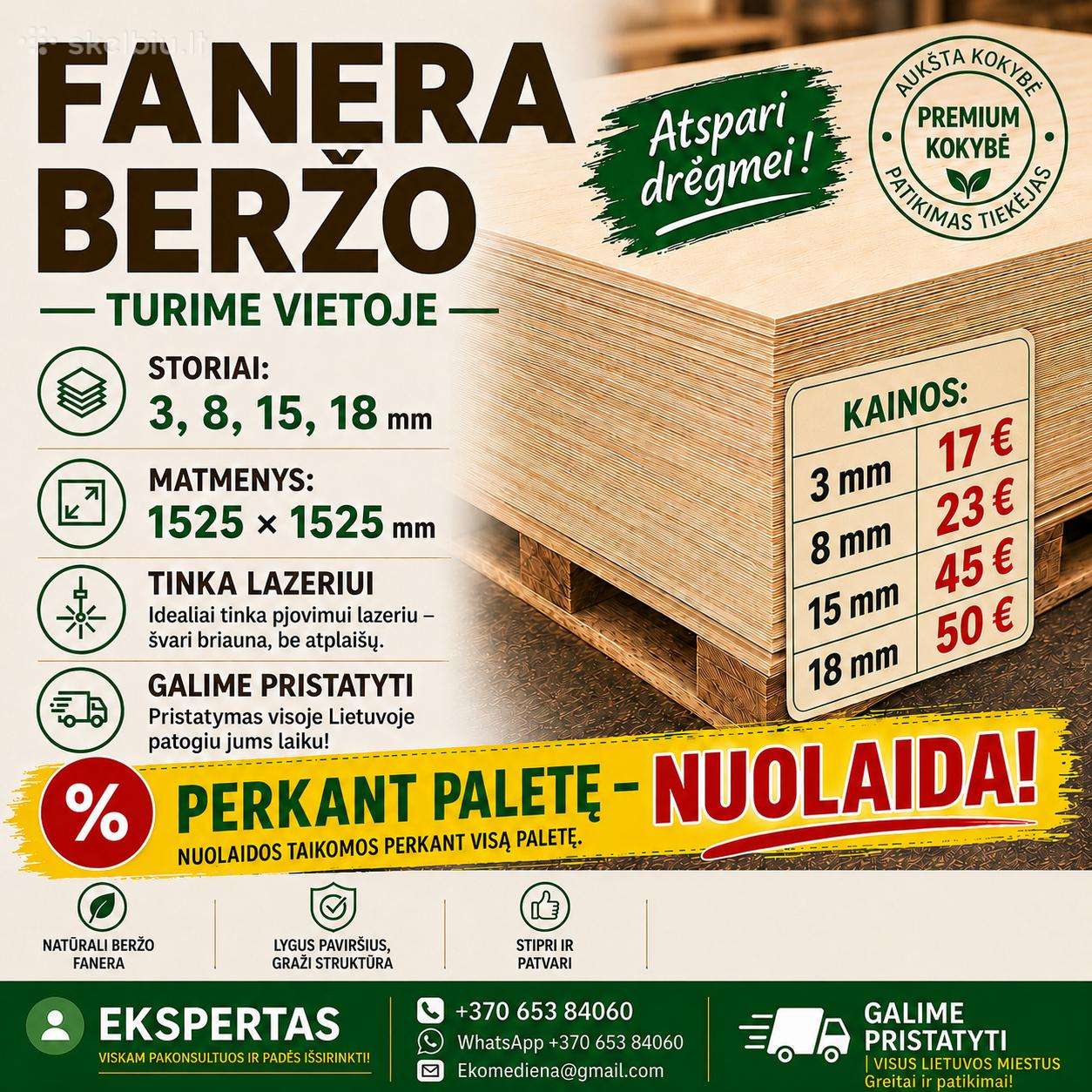Fanera Fk apdailai ,grindym,3 8,15,18 mm1525x1525