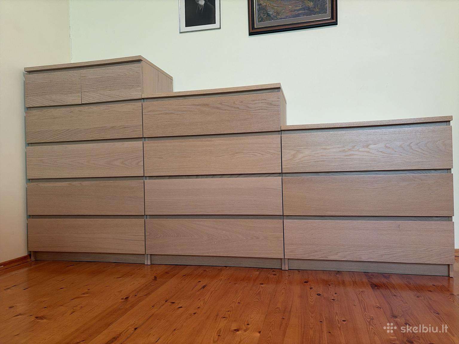 3 Ikea Malm komodų komplektas – balinto ąžuolo