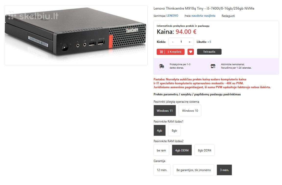 Lenovo tiny m710q - konfigūruojamas
