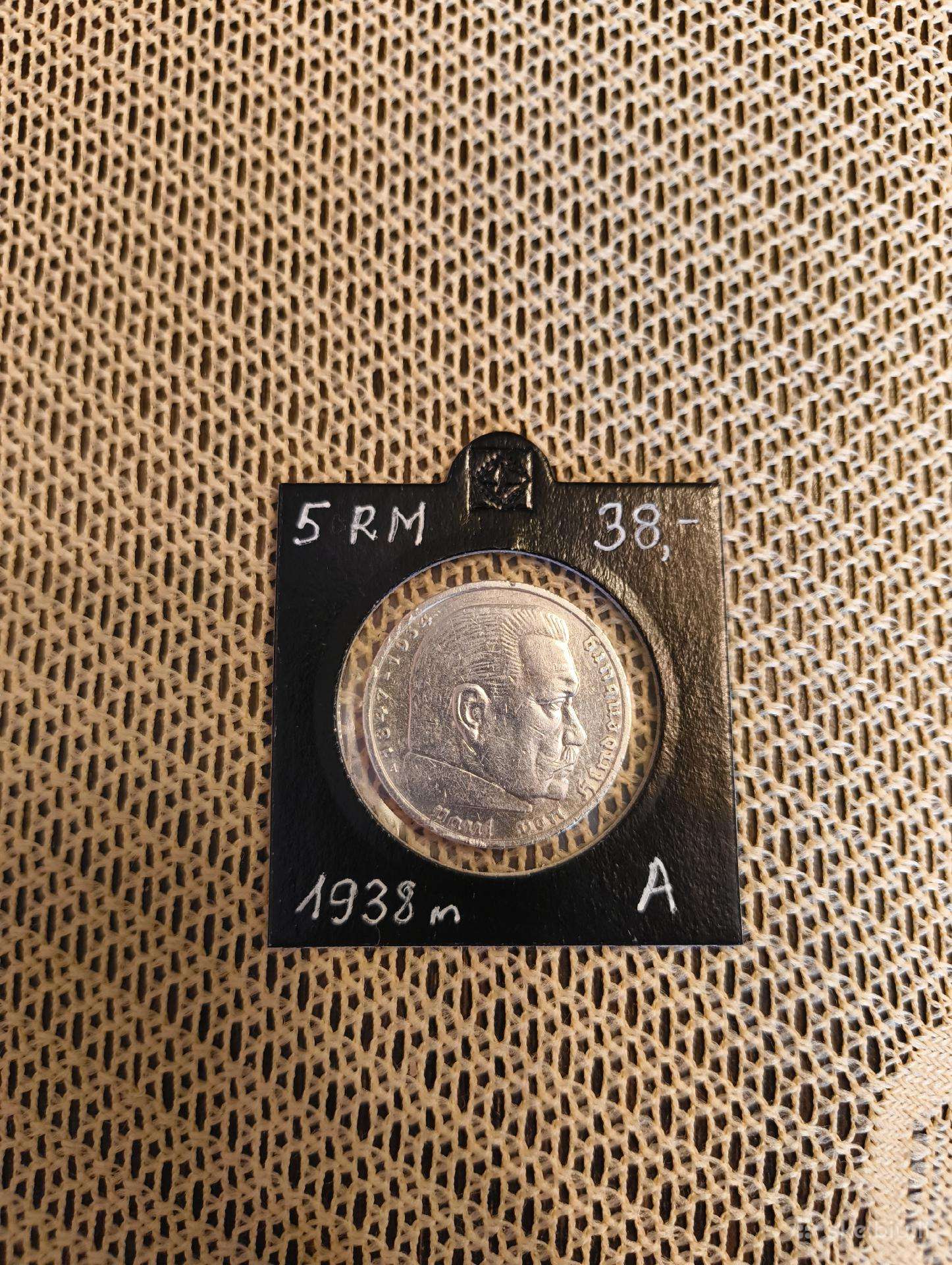 Moneta .Sidabras . Vokietija 5 Rm 1938 m. Original