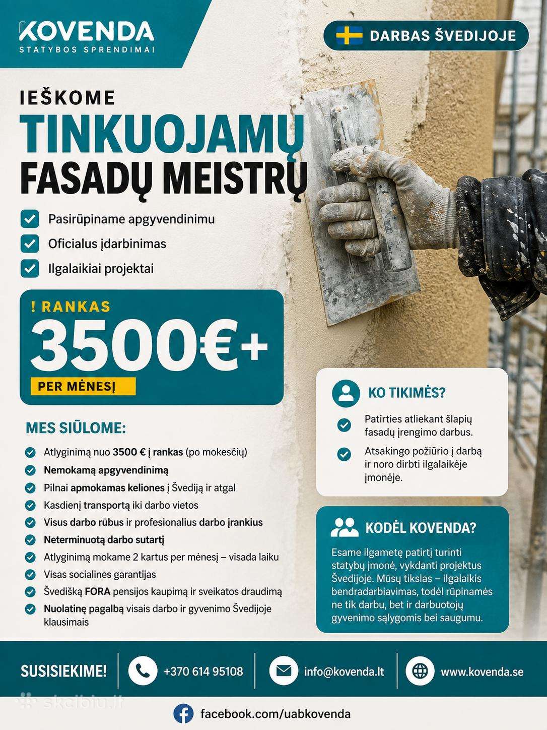 Darbas Švedijoje tinkuojamų fasadų meistrams
