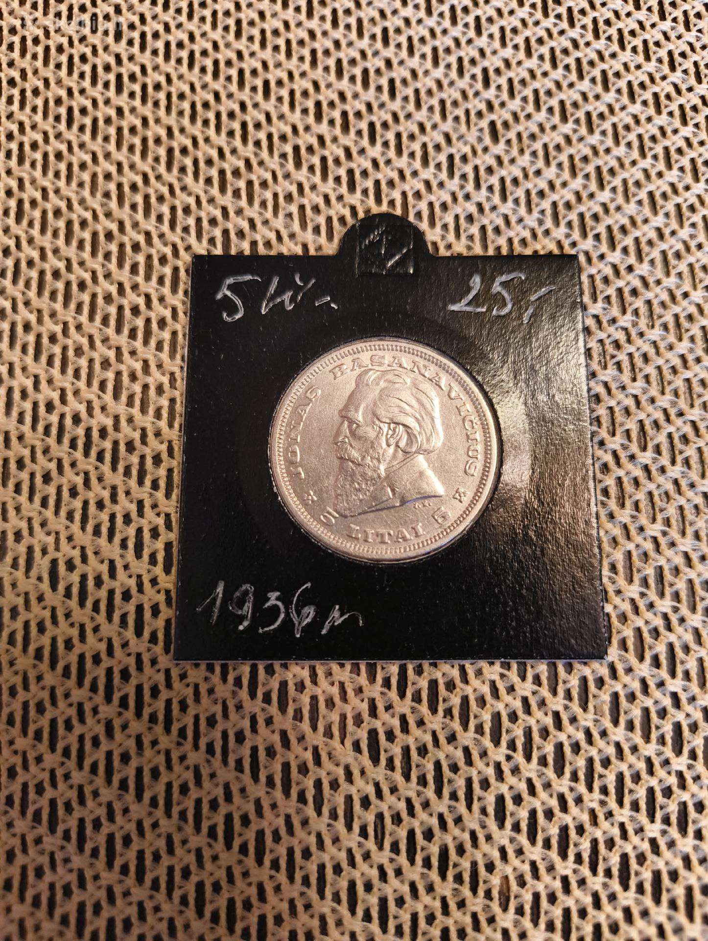 5 Litai 1936 m -Originalas. Sidabras, Apyvartinio.