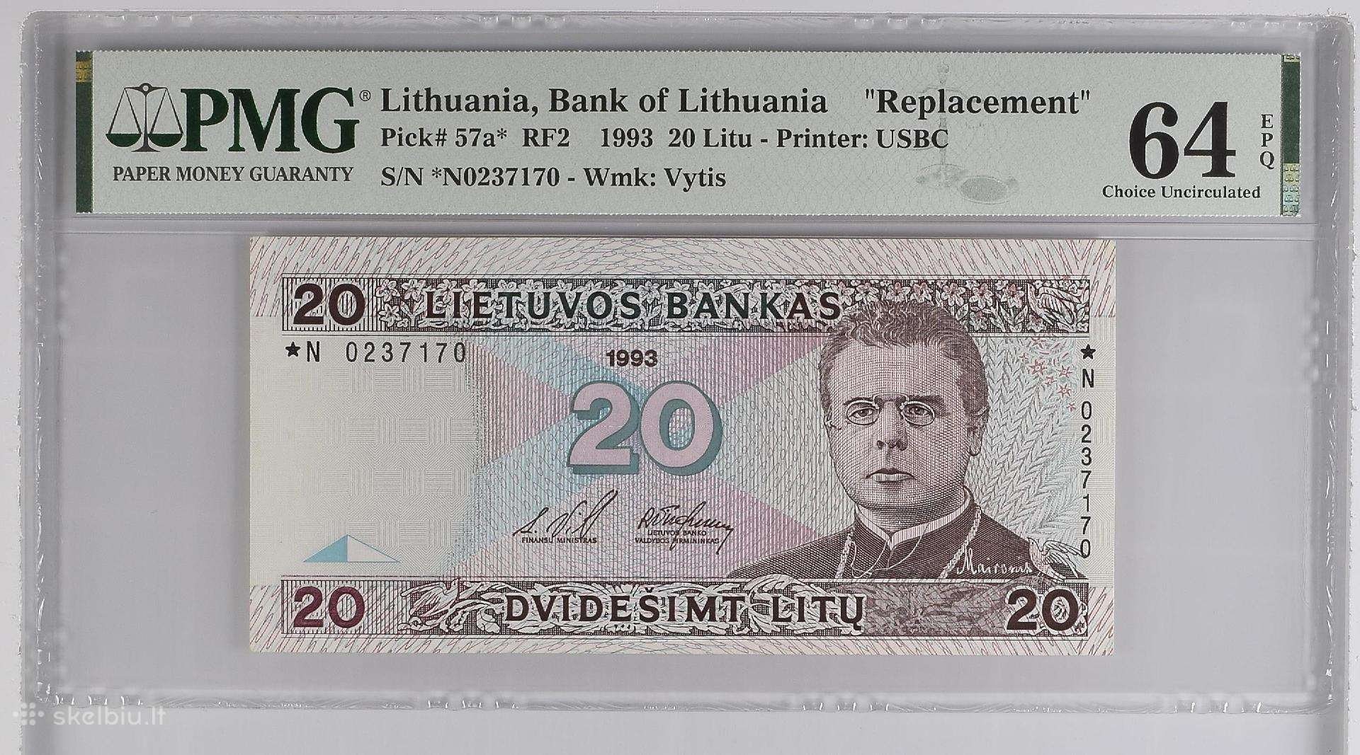 20 Litų 1993 m. Replacement Pmg64 - retas