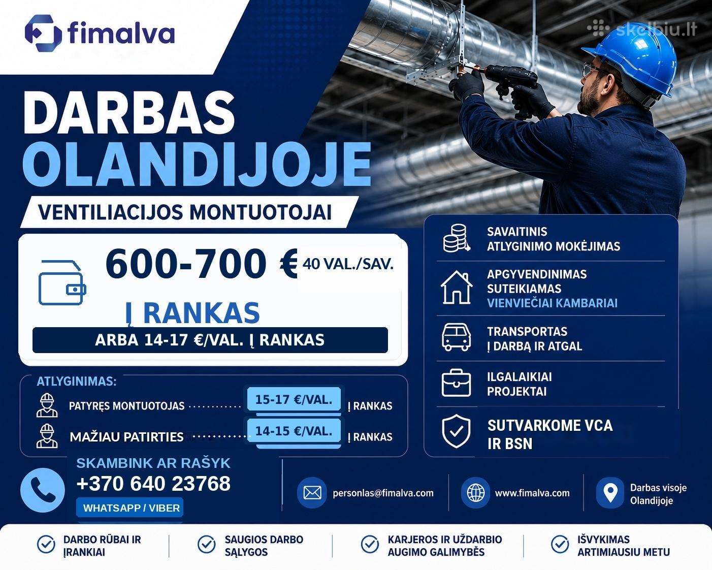 Ventiliacijos montuotojai darbui Olandijoje
