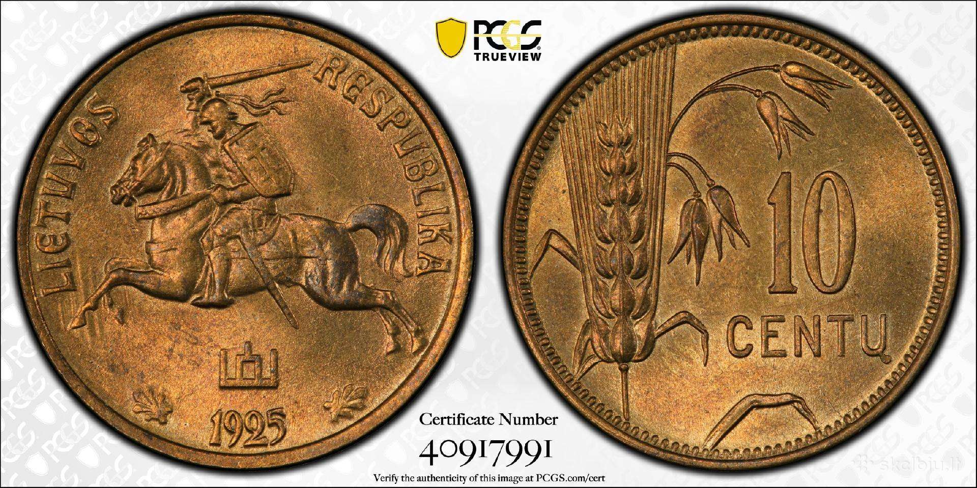 1925m. 10 centu Pcgs Ms 65