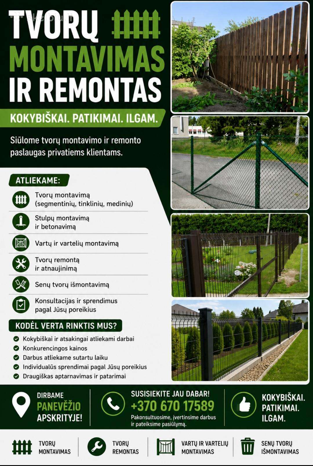 Tvorų montavimas remontas