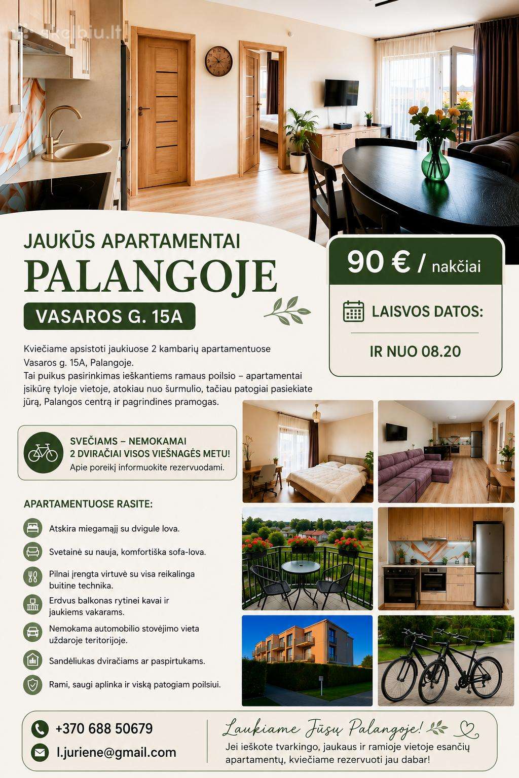 Palangoje Laisvas! 2 Kambariu Butas +Nemokami Dvir
