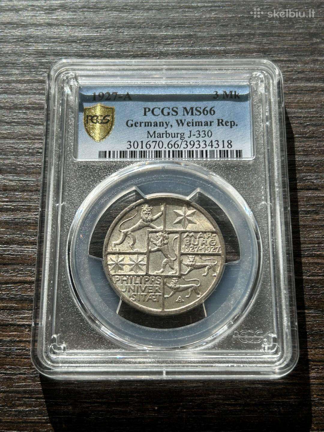 Vokietija 3 markes 1927 Marburg Pcgs Ms66