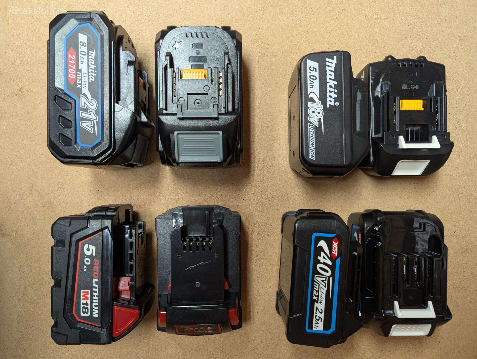 Baterijos Makita 18v 40v, Milwaukee 18v