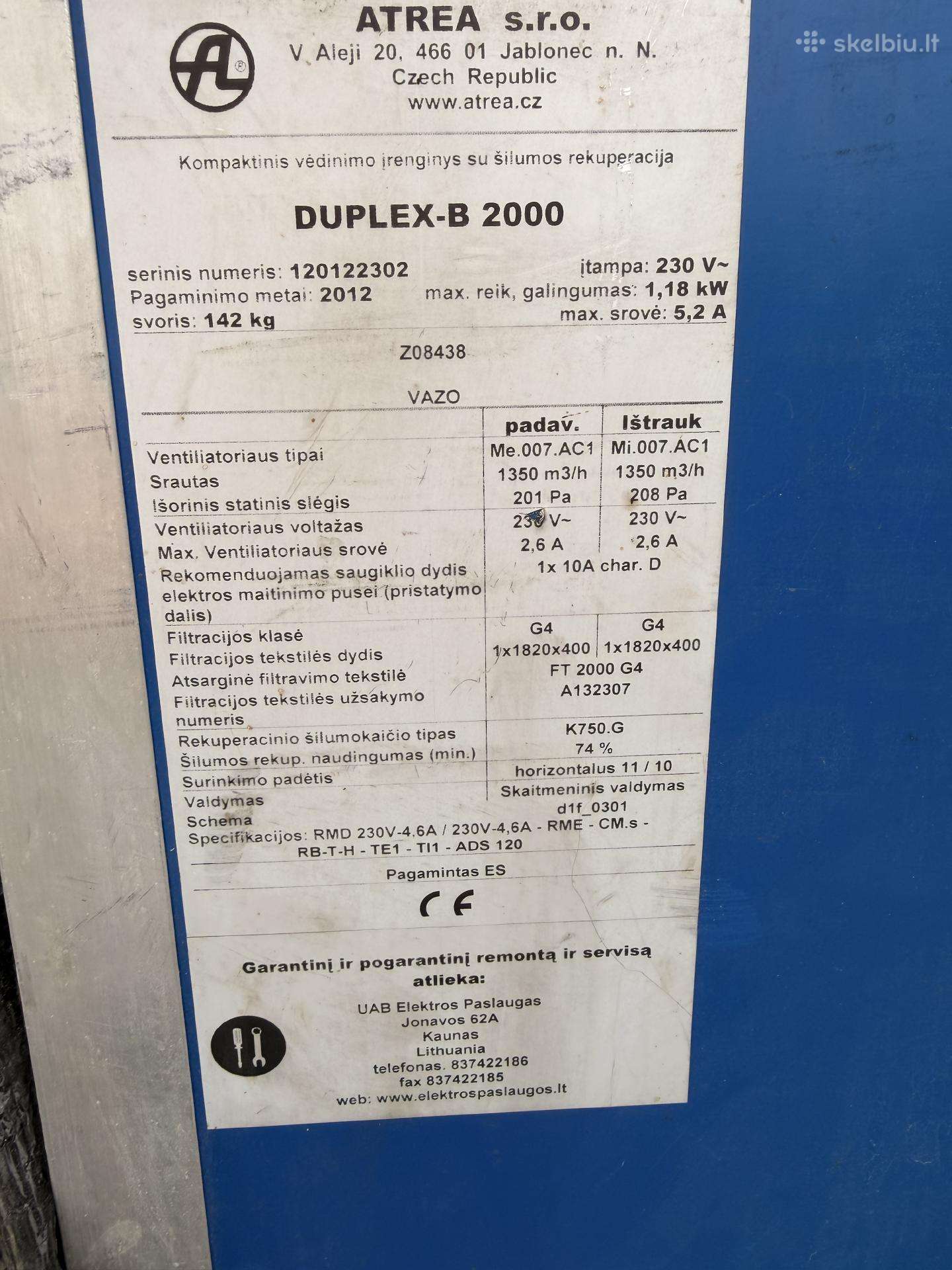 Rekuperat/vėdinimo įrenginys Atrea Duplex-b 2000