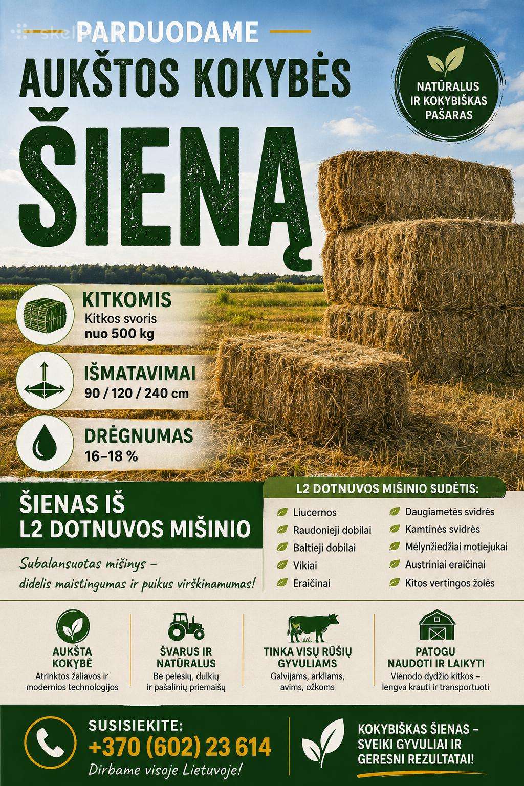 Parduodame šiena,šienaini ,kukurūzų silosa, šiauda