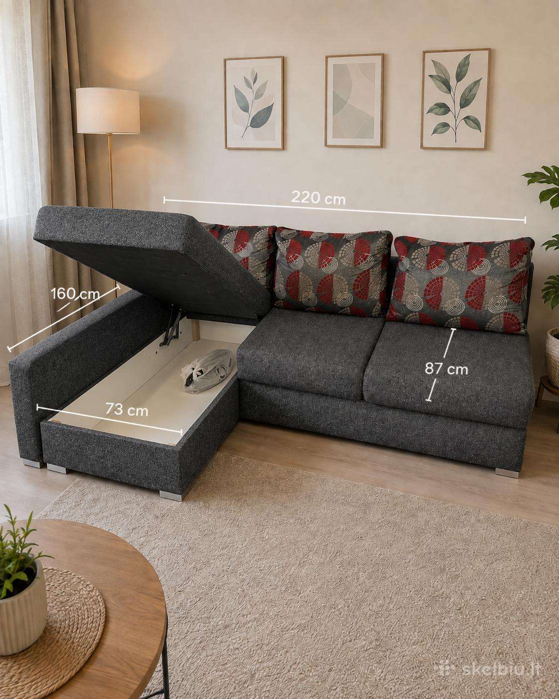 Kampinė sofa-lova su patalynės dėže