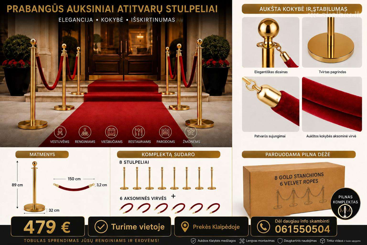Auksiniai atitvarai su aksominėmis virvėmis