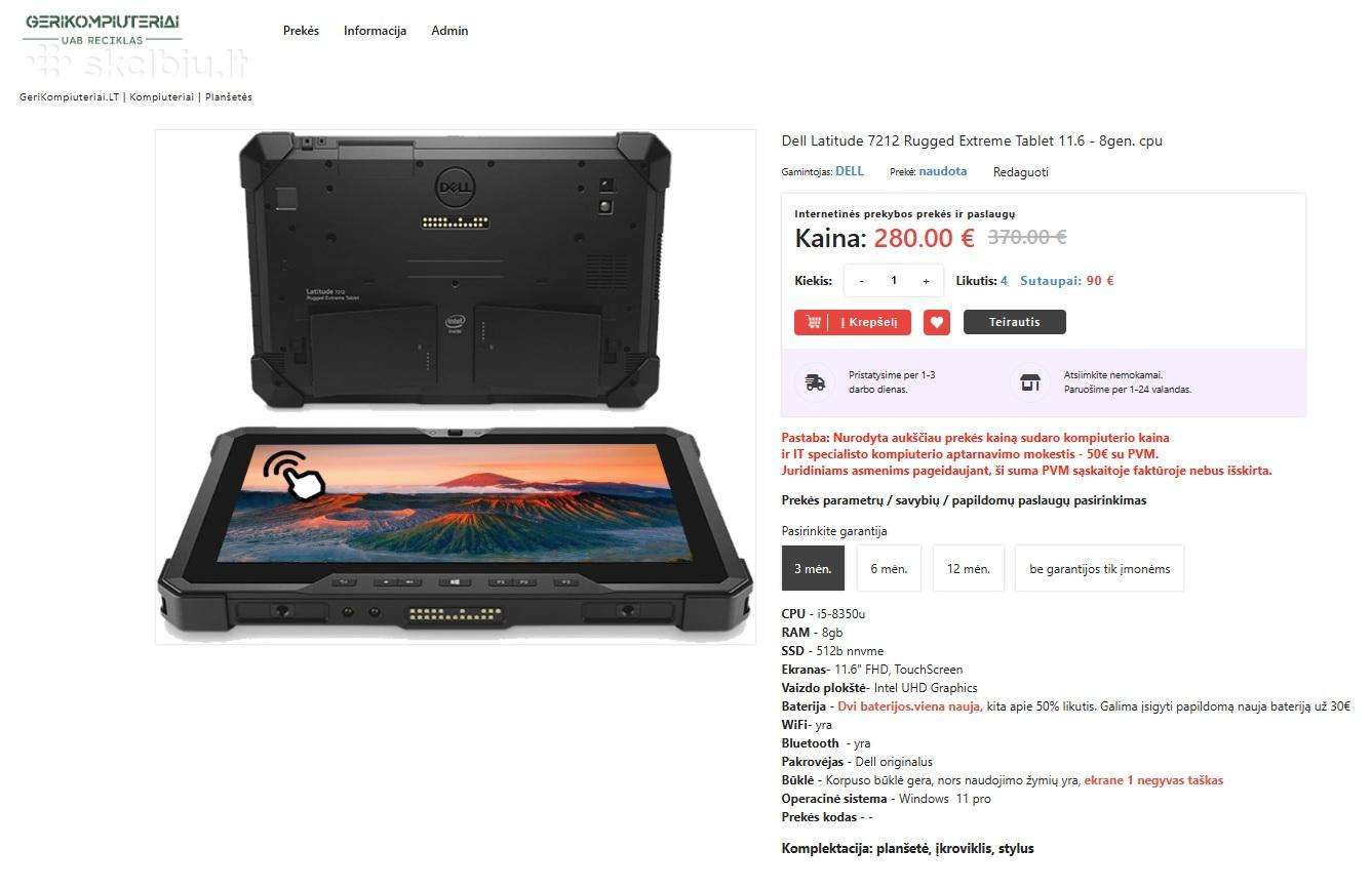 Dell latitude 7212 rugged- planšėtė su windows 11