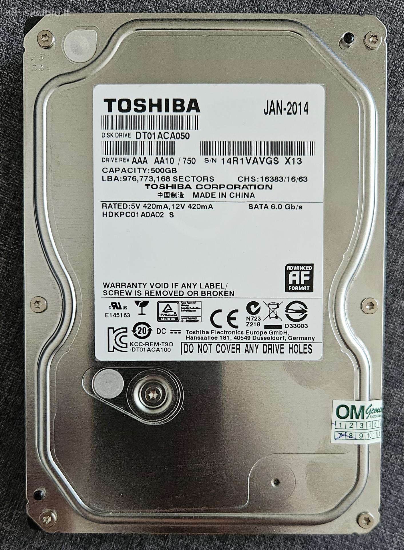 HDD Toshiba 500gb 3,5'' Sata3 stacionaraus komp.