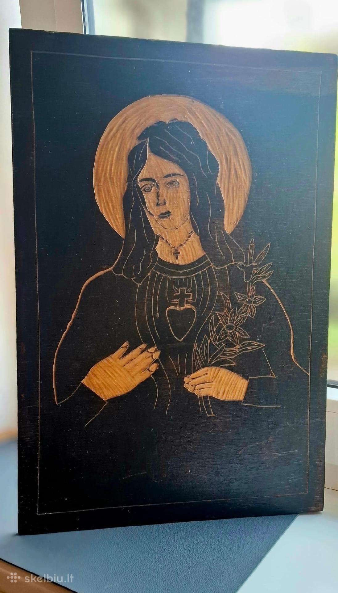Vintažinis medžio raižinys „Mergelė Marija“