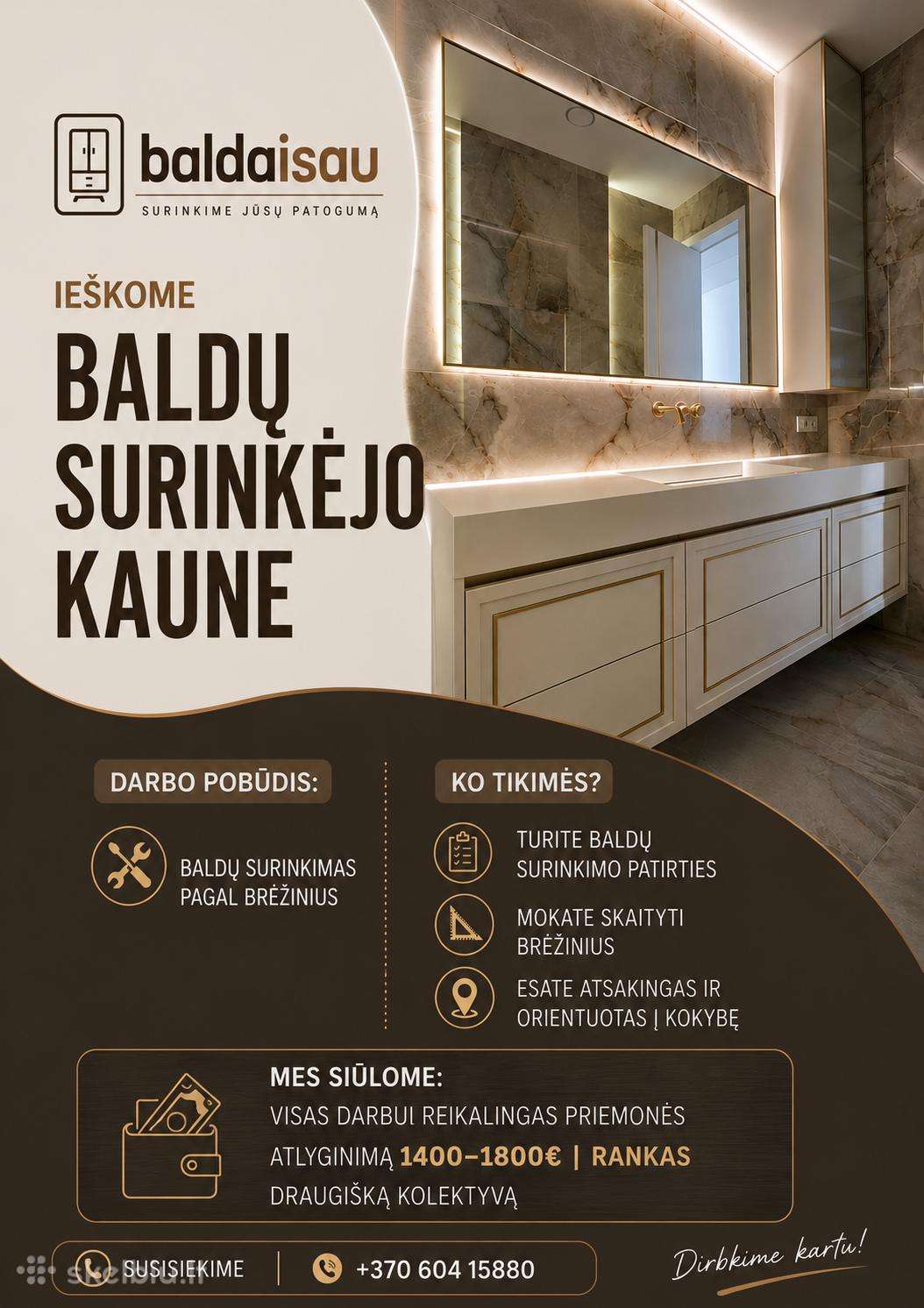 Pagalbinis darbuotojas prie baldų montavimo