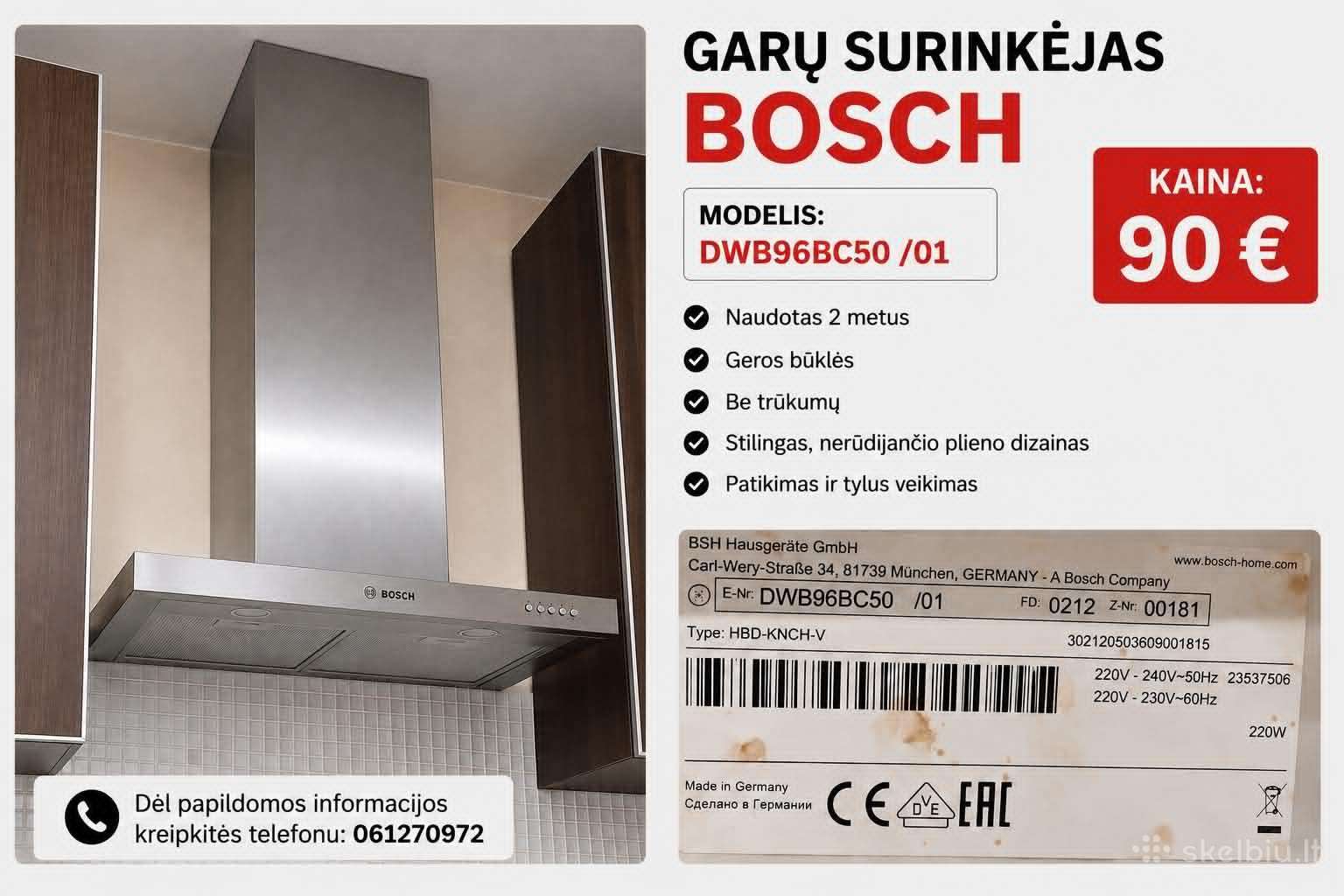 Parduodamas Bosch Dwb96bc50 garų surinktuvas