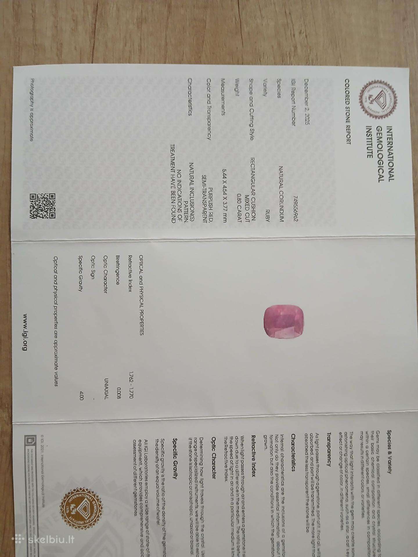 Parduodu Rubina rausvai raudon nekaitintas 0.80ct