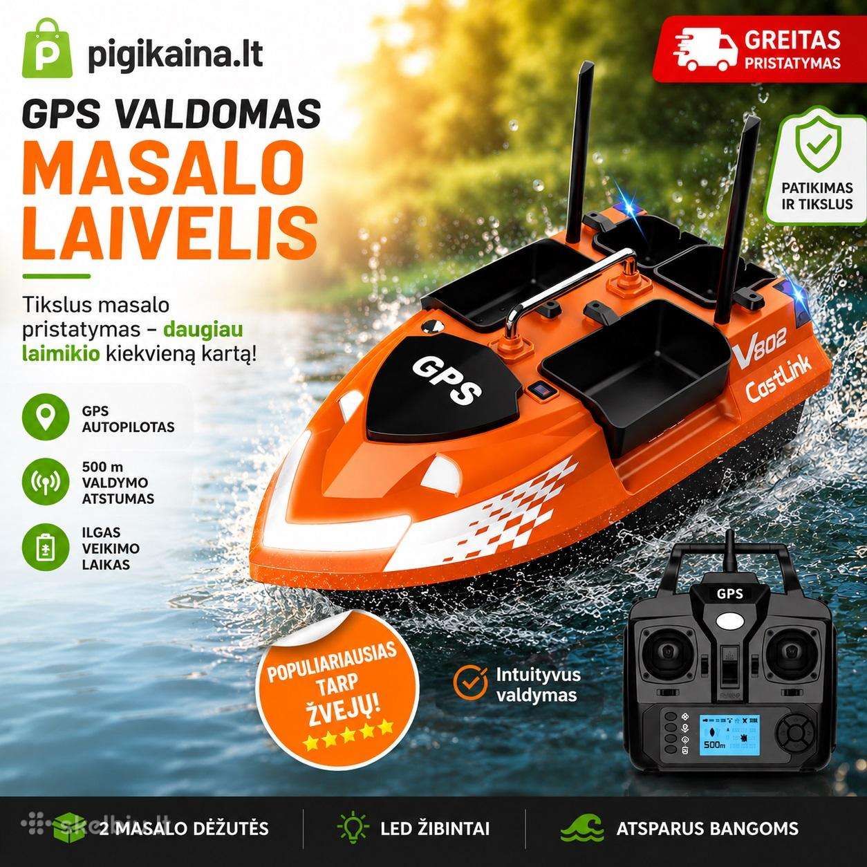 Flytec V802pro pašarų laivelis su GPS navigacija