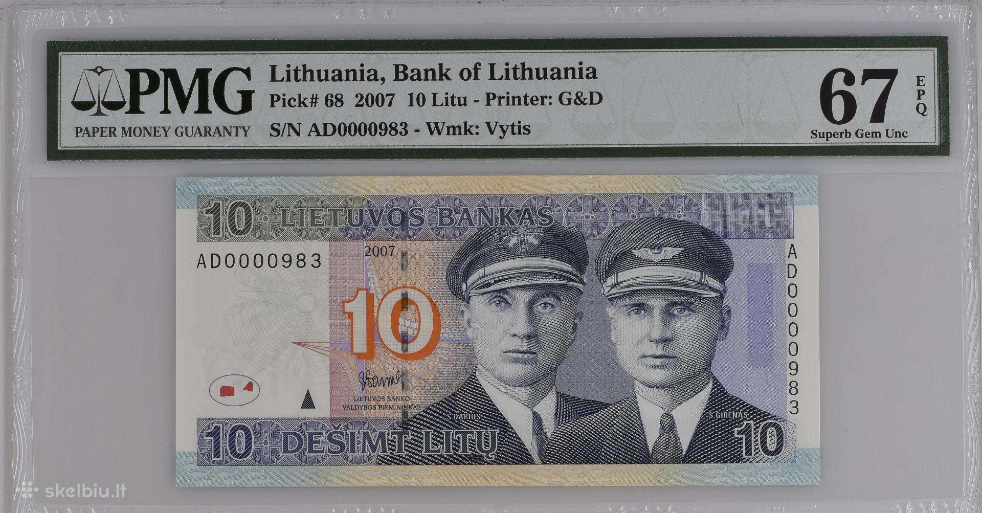 10 Litų 2007 m. Ad Serija žemu nr Ad0000983