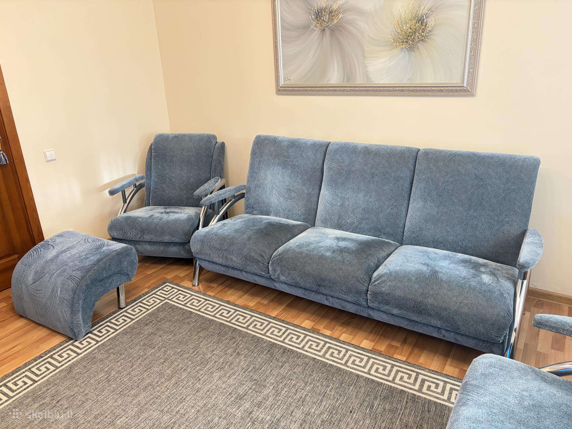 Sofa lova 3, 2 vietų, fotelis, pufas (komplektas)