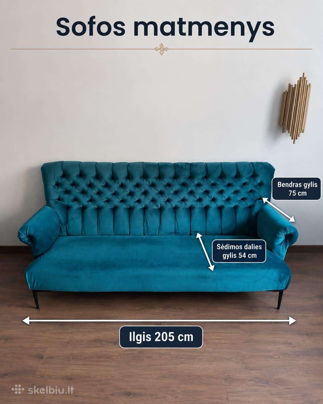 Chesterfield stiliaus sofa, žalsvai mėlyna