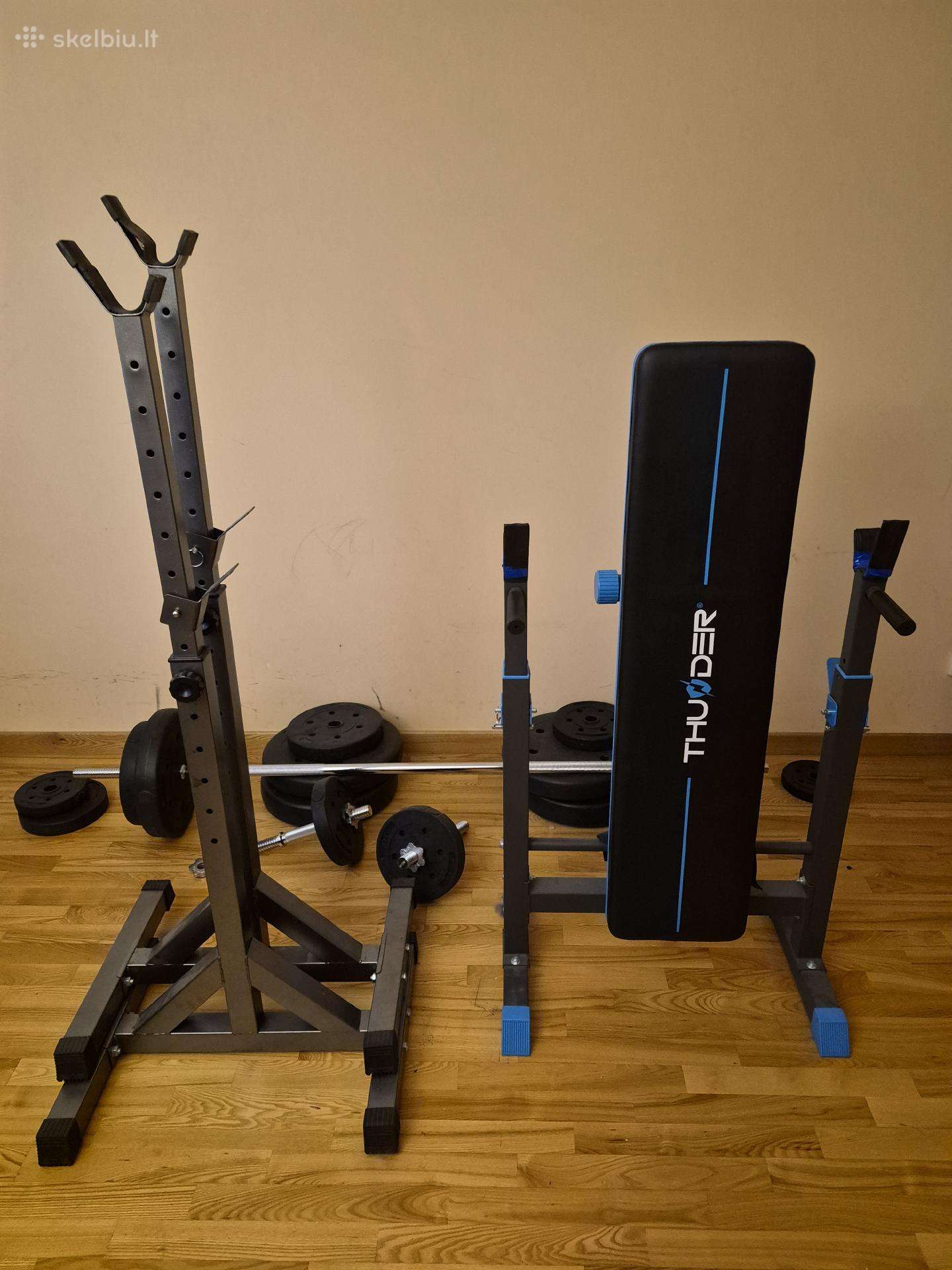 Štangos stovas + suoliukas + štanga + svoriai