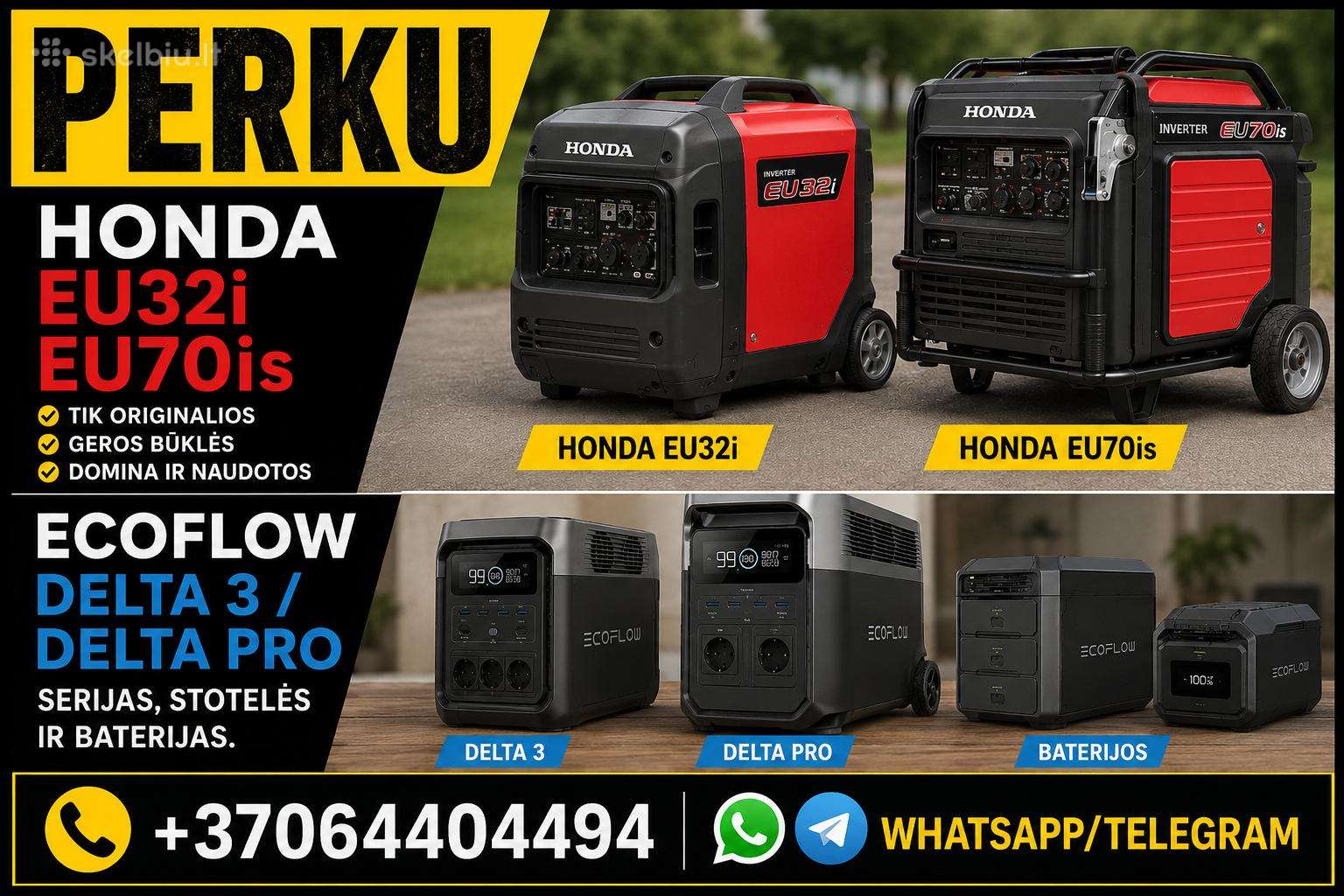 Perku honda eu32i, eu70is ir ecoflow delta 3/pro