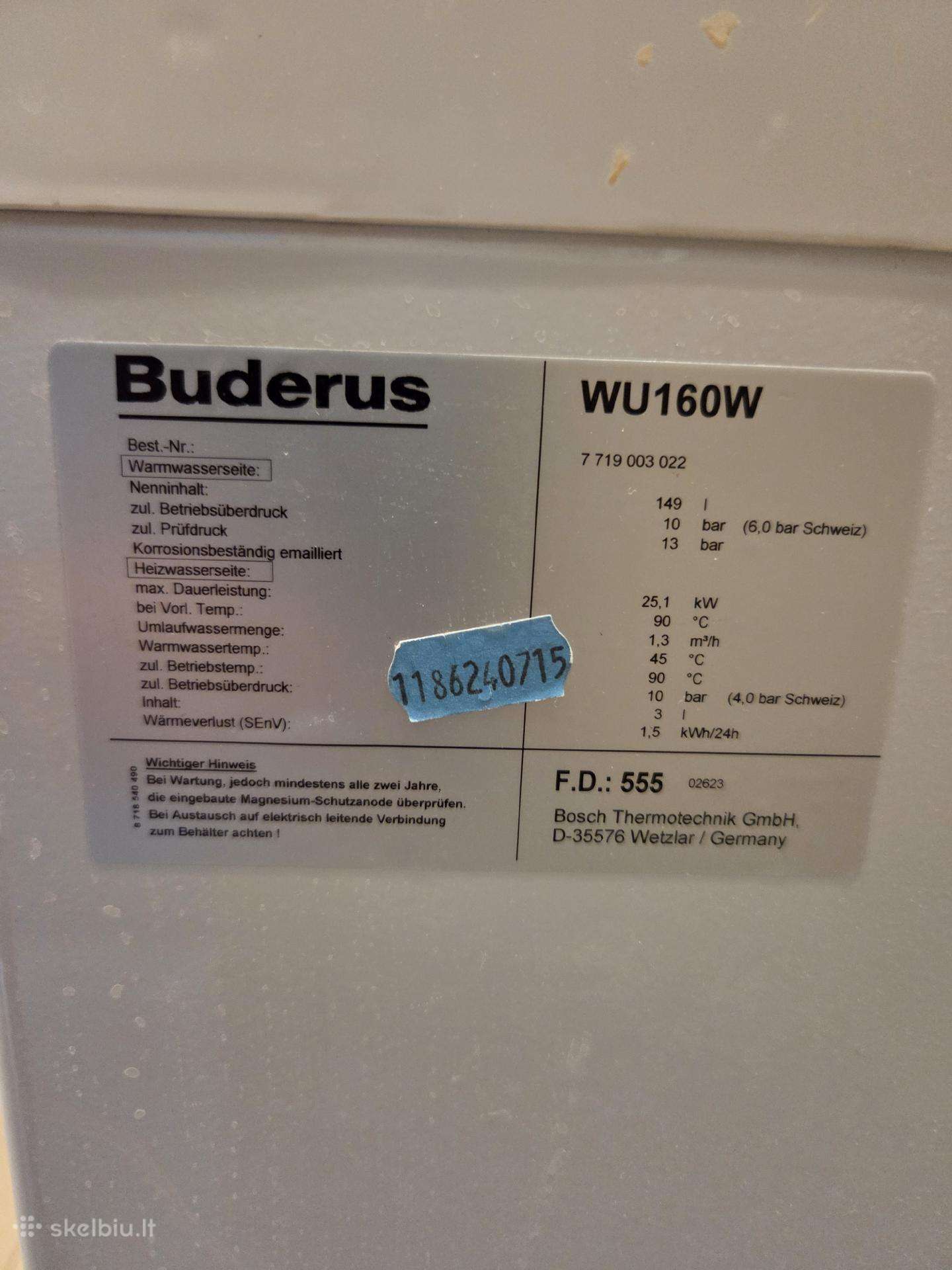 Buderus Wu160w 149l netiesioginio šildymo boileris