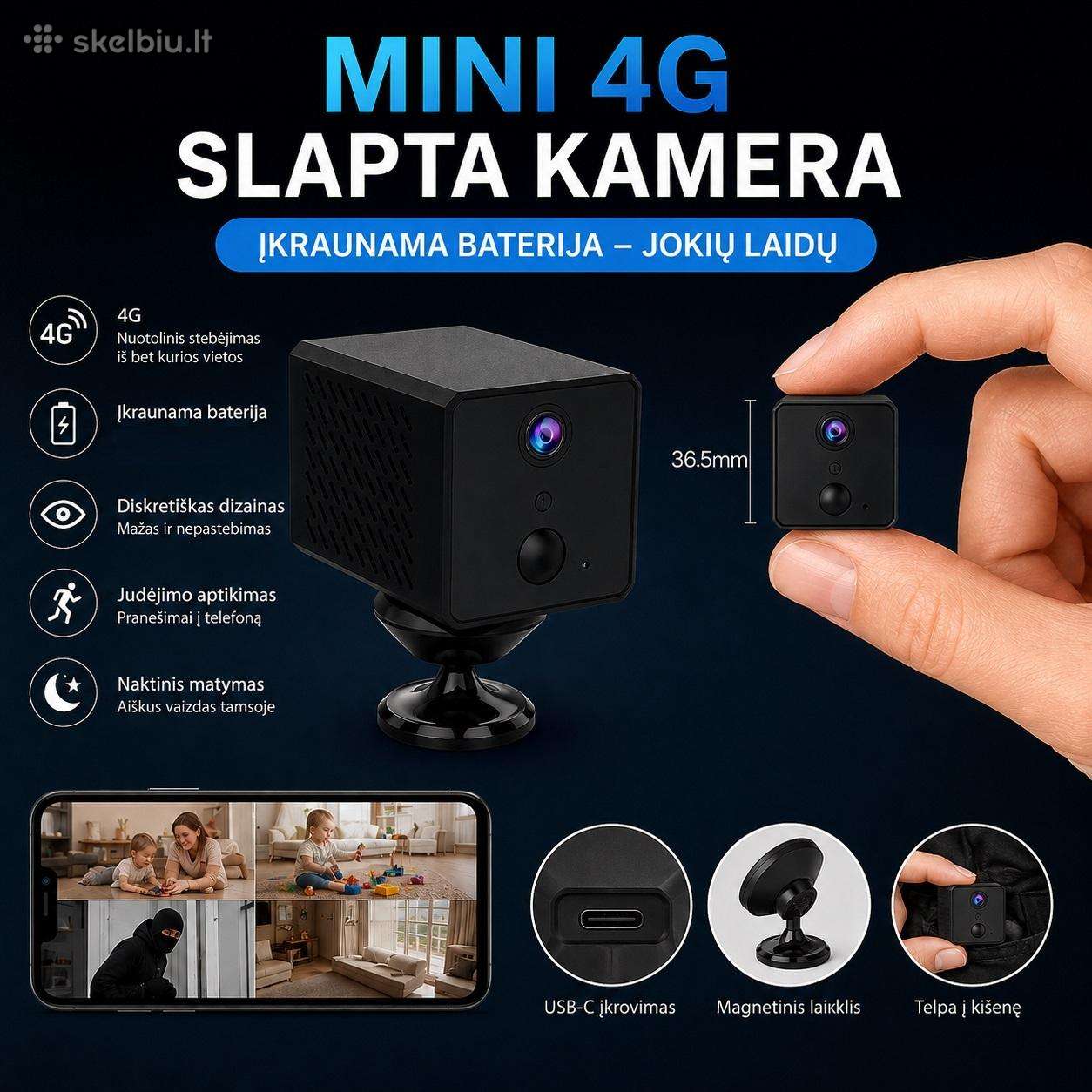 4G mini slapta kamera įkraunama baterija