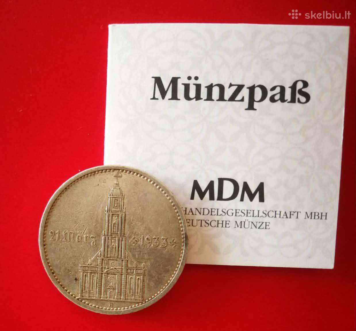 Sidabrinė 5 Reichsmark (1934 m.) su Mdm sertifikat