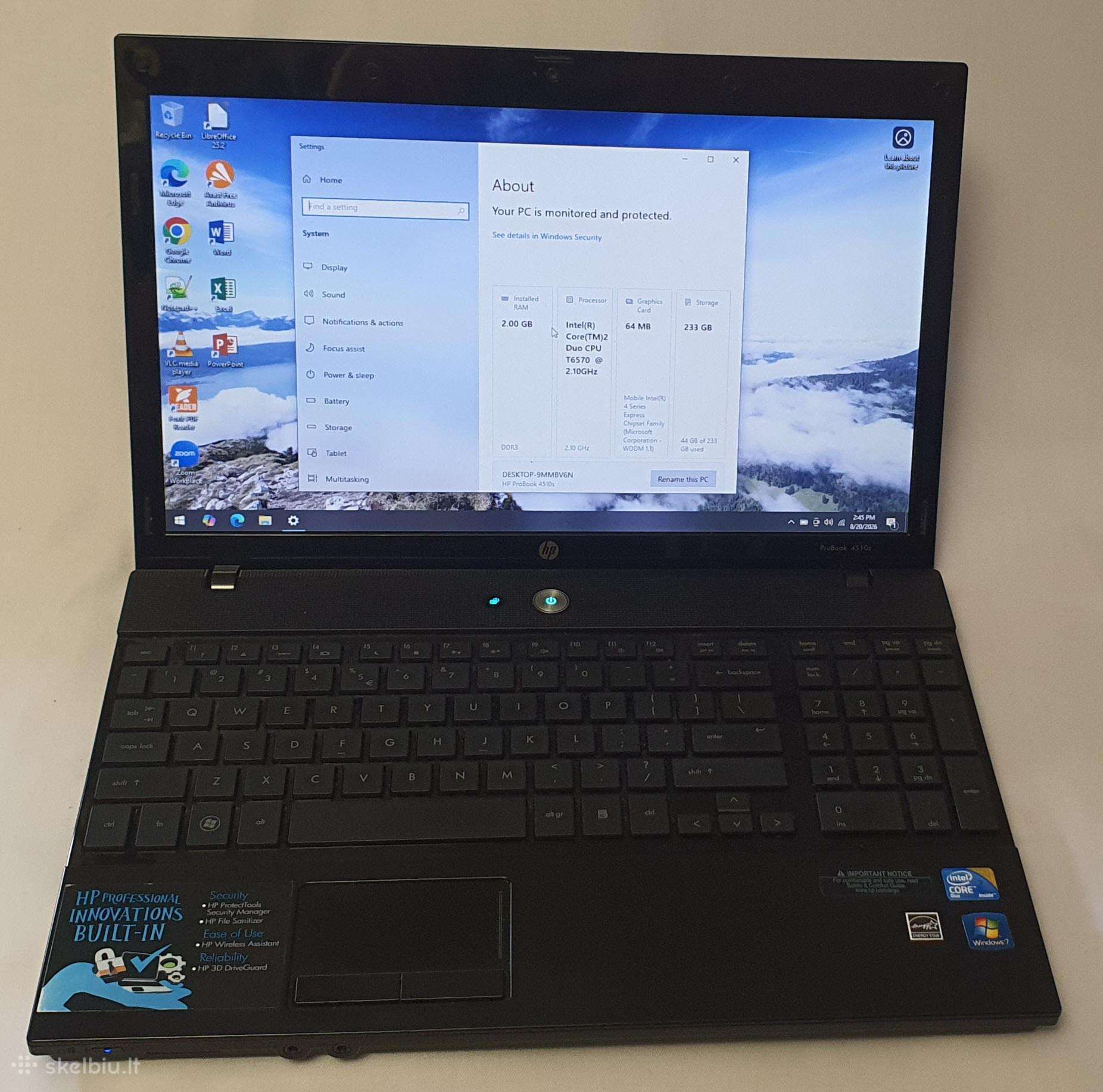 Hp Probook 4510sintel Core2 2 GB RAM 233 GB HDD