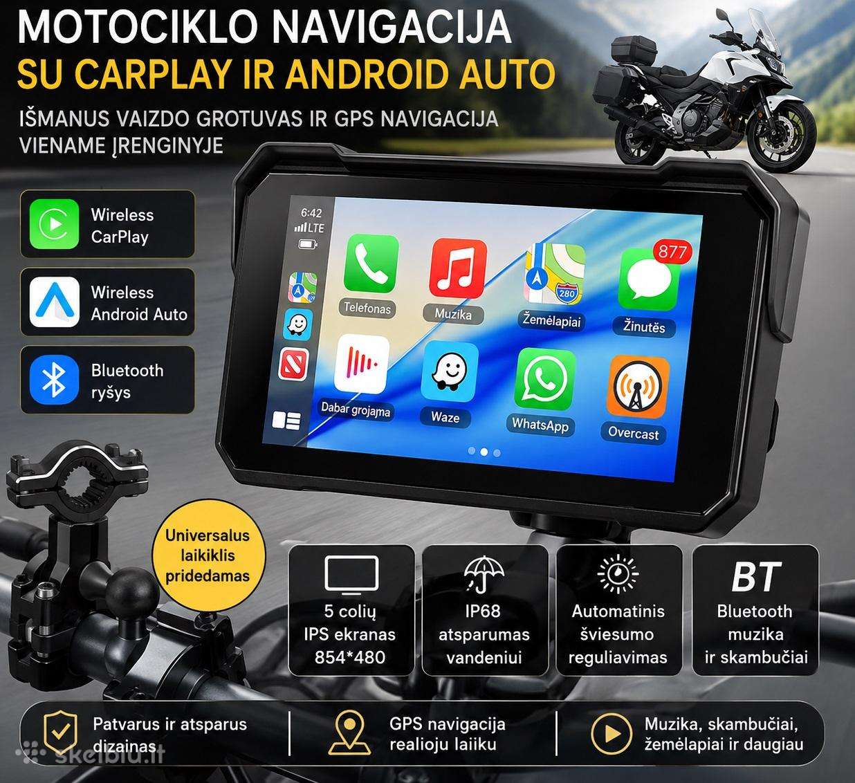 Motociklo navigacija 5' Carplay, Android Auto, Bt